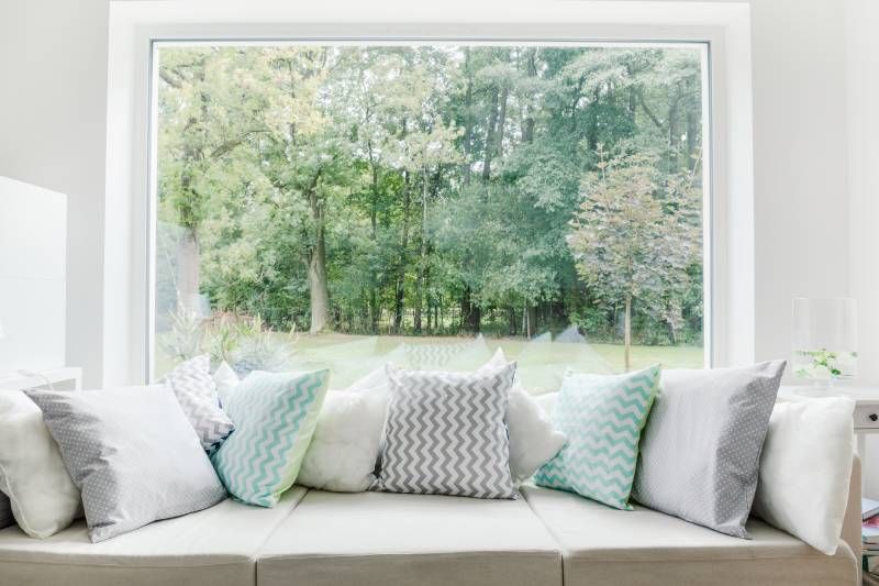 Sofá junto a la ventana con vistas al bosque.