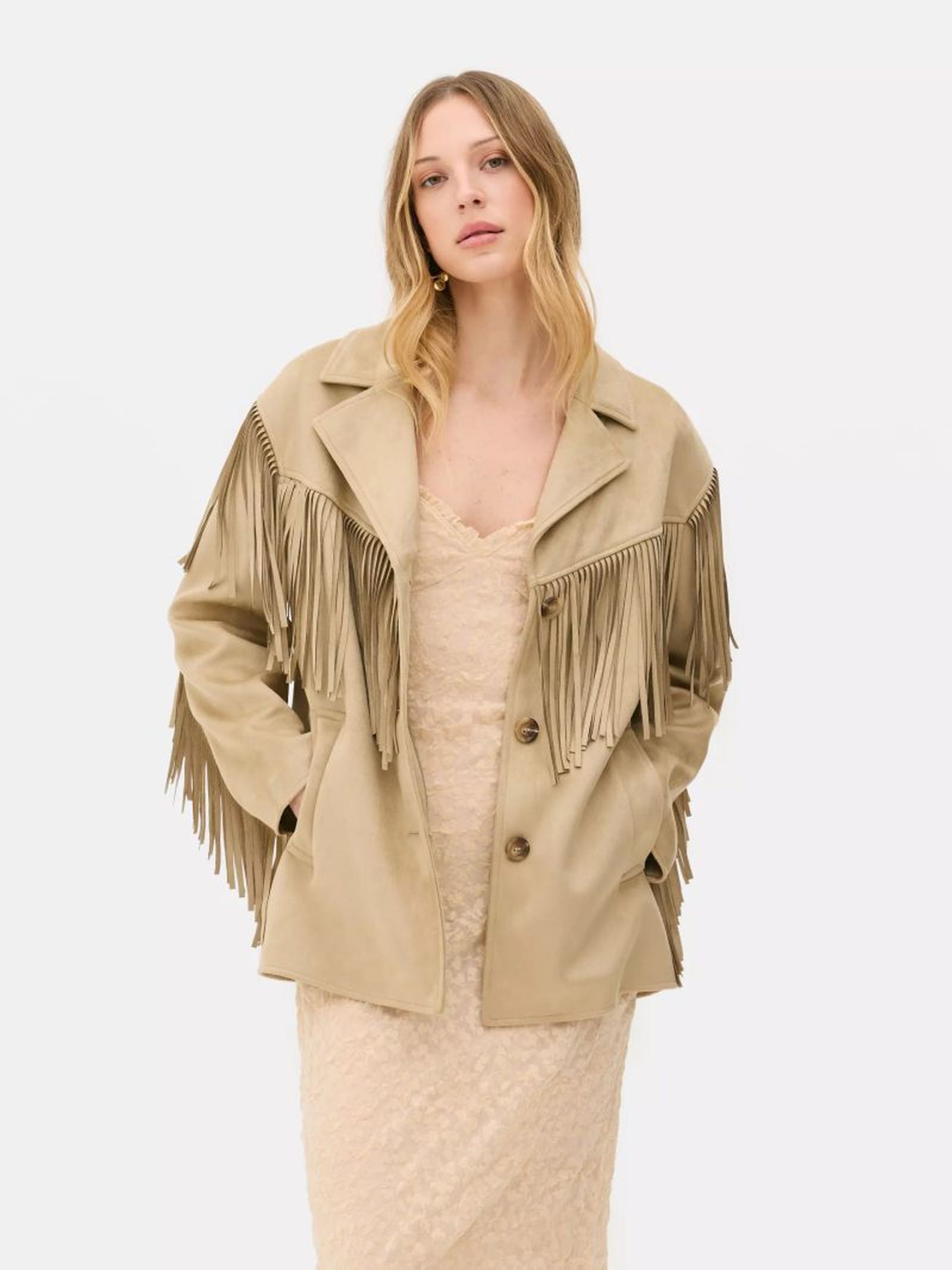 Chaqueta de antelina con flecos de Rita Ora