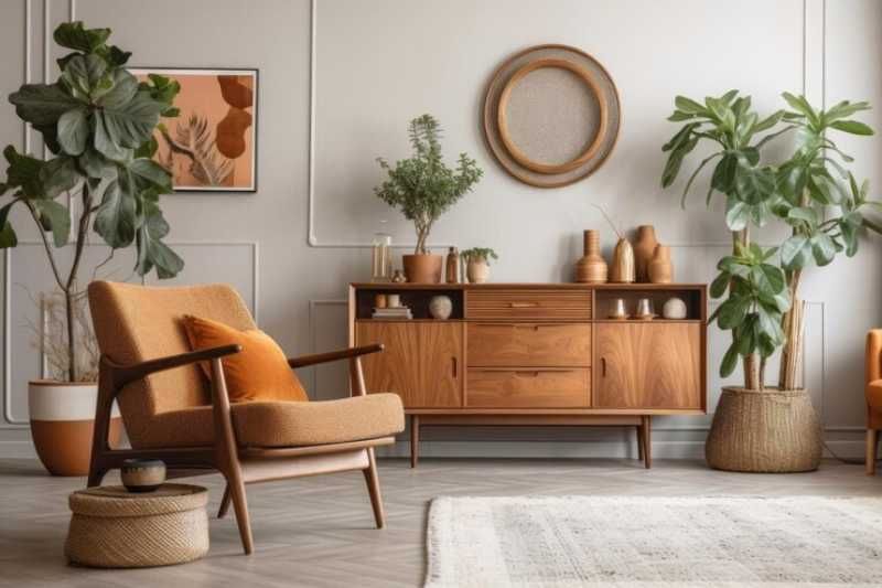 Salón con muebles vintage en tonos claros.