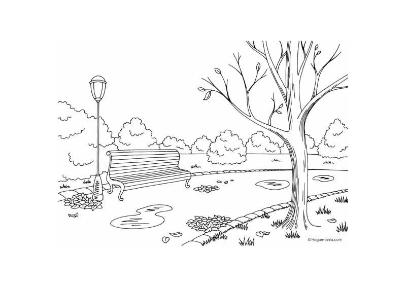 Dibujo para colorear de un parque con paisaje otoñal.