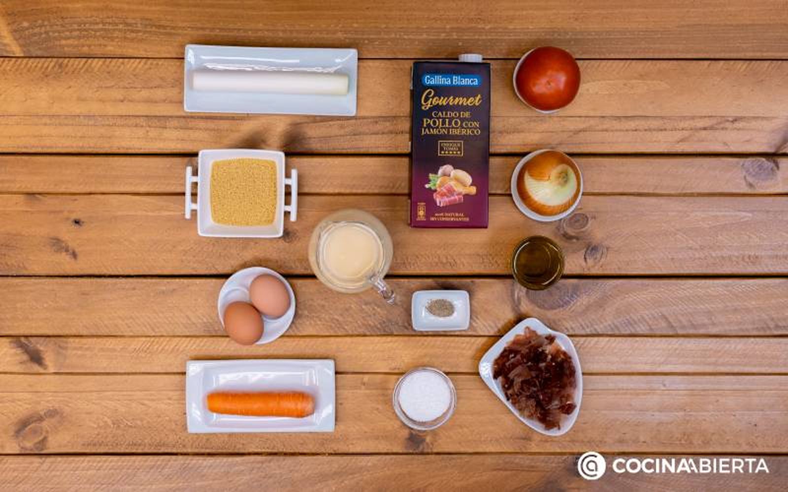Ingredientes para la receta de sopa con virutas de jamón