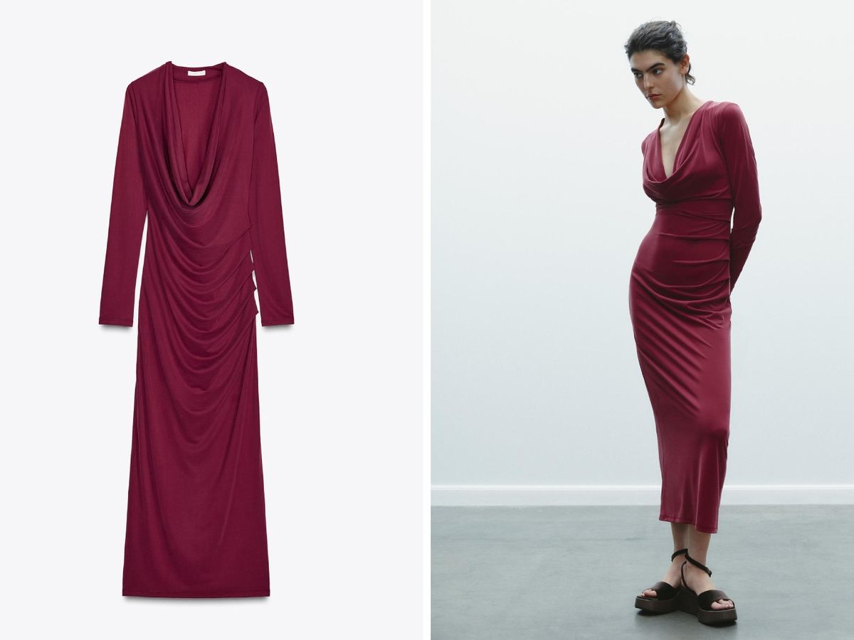 Vestido de manga larga  y escote drapeado / Fotos: Zara