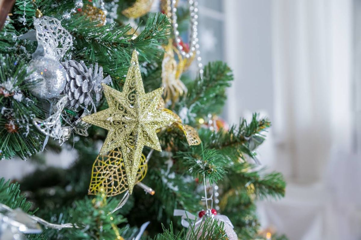 Árbol de Navidad con decoración plateada y dorada.