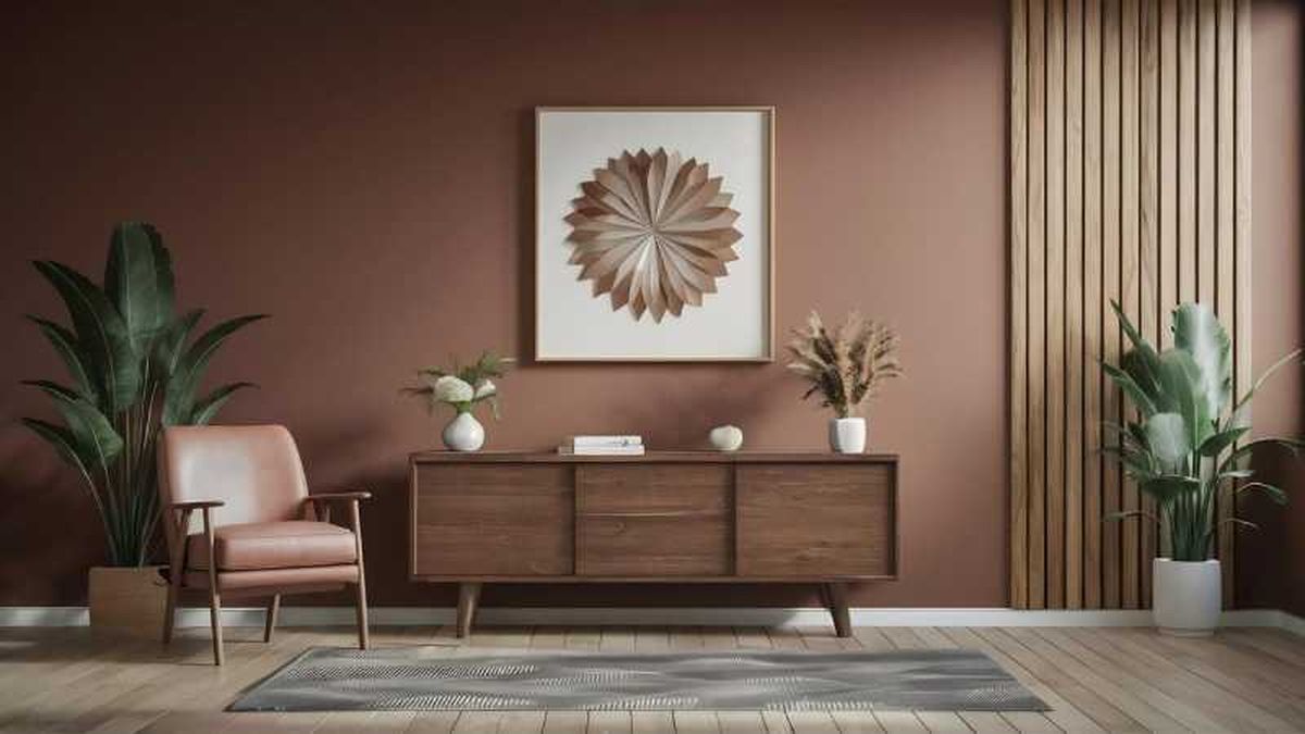 Rincón de un salón decorado en Mocha Mousse.