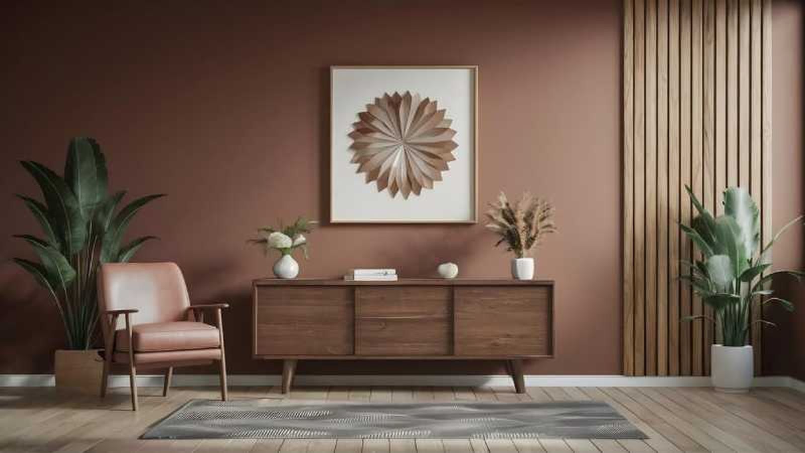 Rincón de un salón decorado en Mocha Mousse.