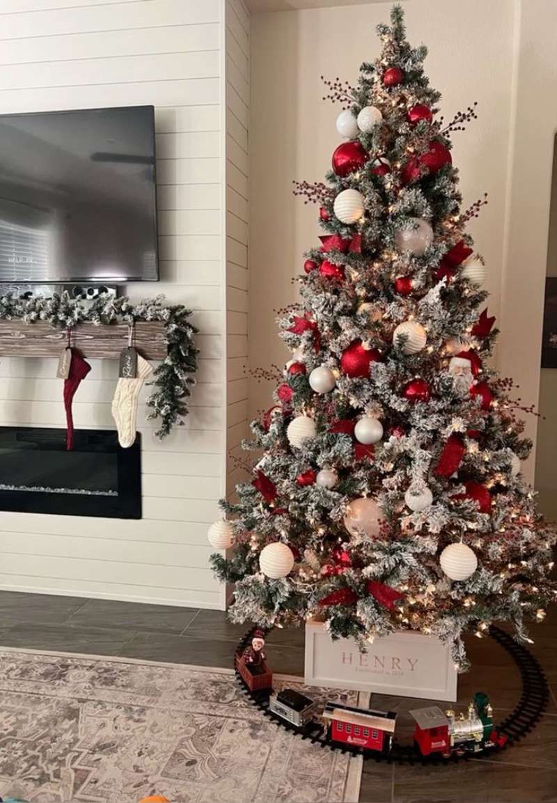 Pie del árbol de Navidad decorado con un tren.