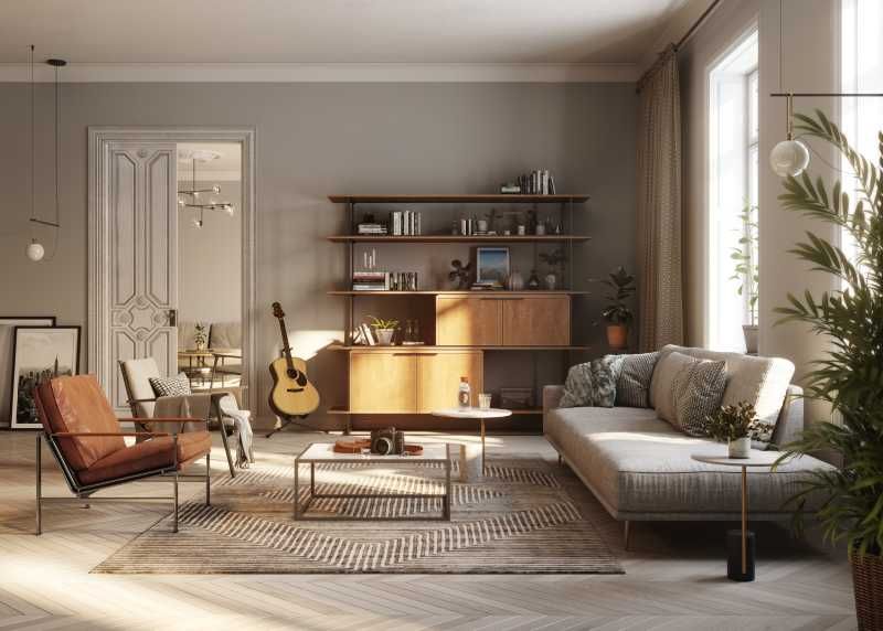 Salón fresco y natural decorado en tonos tierra.