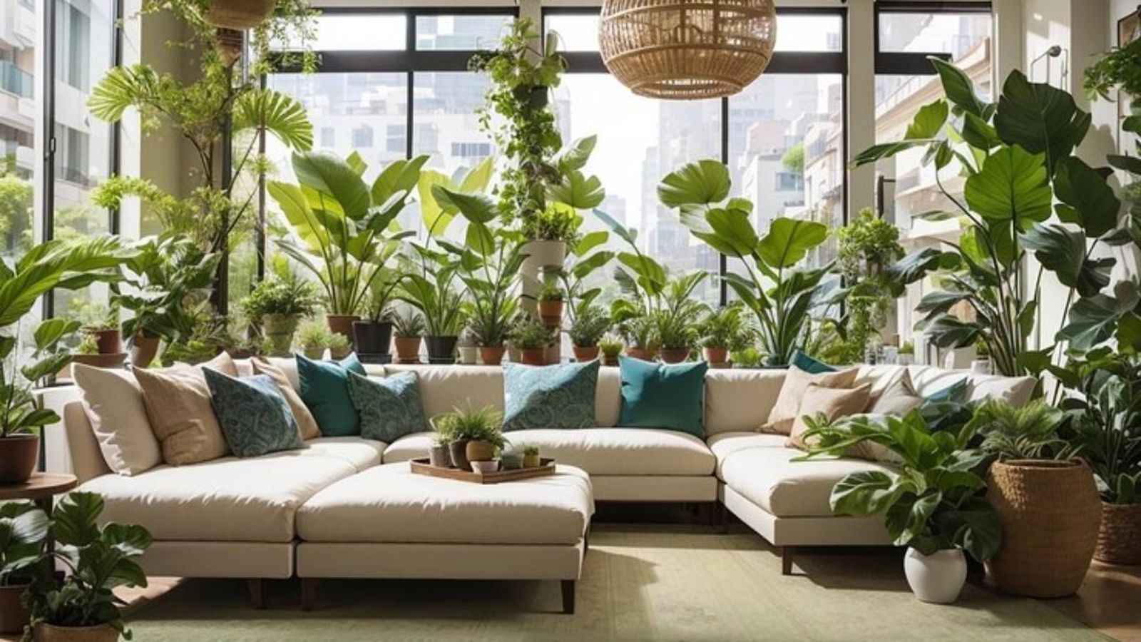 Salón luminoso rodeado de plantas.
