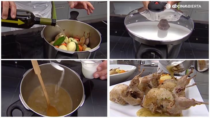Los pasos finales para elaborar codornices guisadas en olla rápida