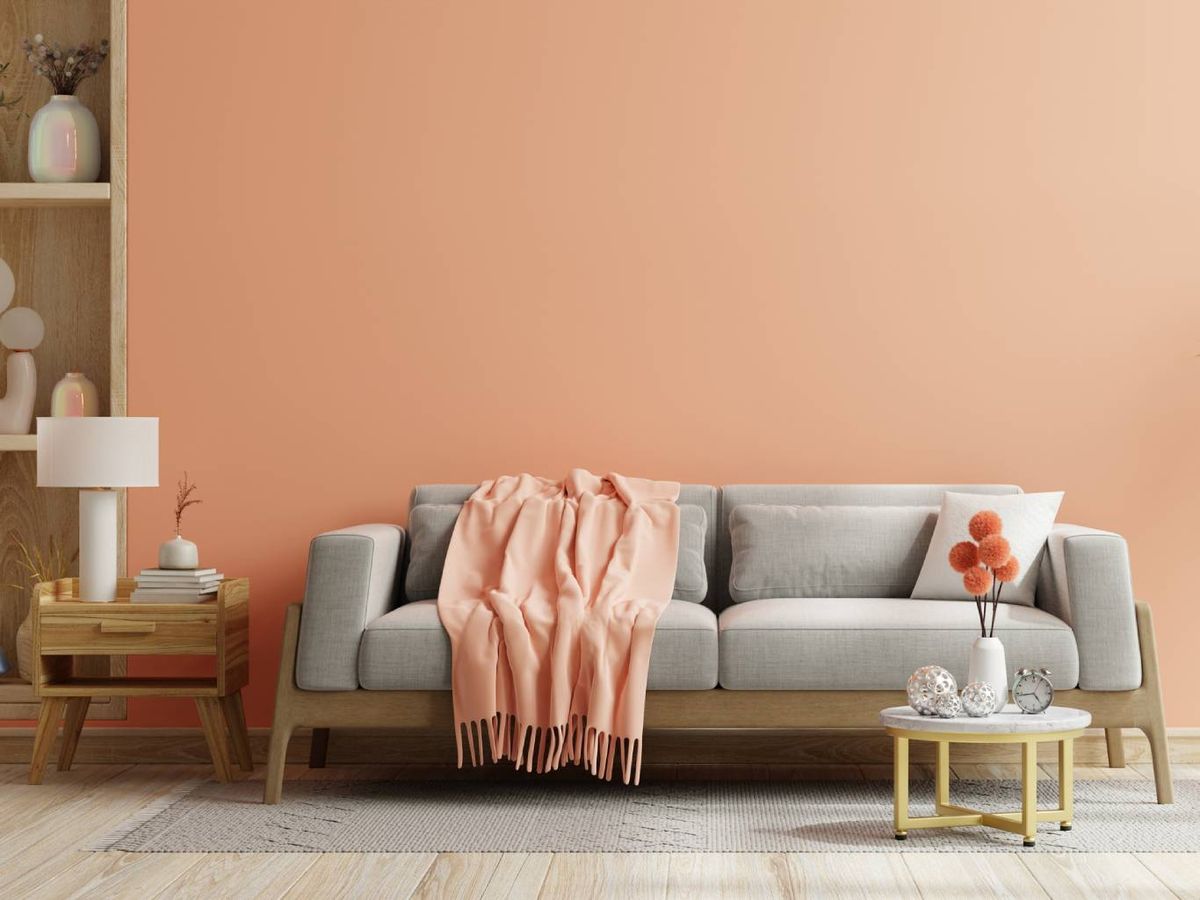 El gris claro y el melocotón se combinan en este salón moderno, creando un ambiente cálido y equilibrado.