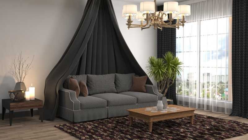 Salón barroco en tonos marrones con cortinas blancas.
