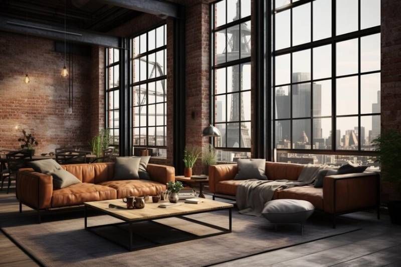 Salón industrial con grandes ventanales.