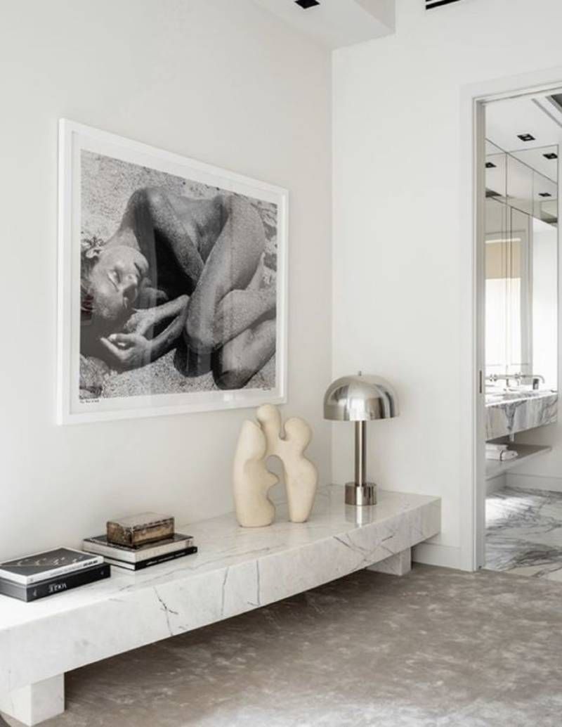 Rincón decorado con una foto muy grande en blanco y negro.