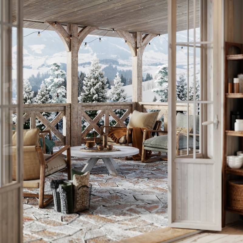 Terraza en invierno con mobiliario exterior.