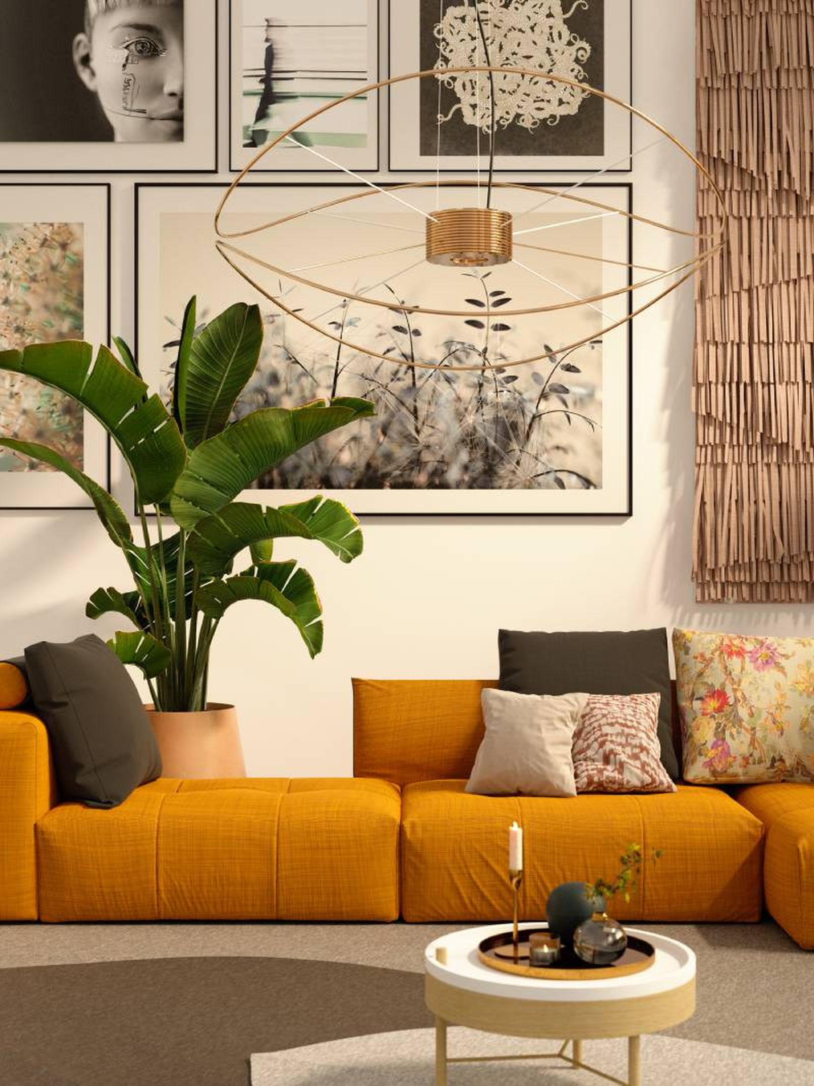 Salón con decoración de otoño-invierno y complementos naturales.