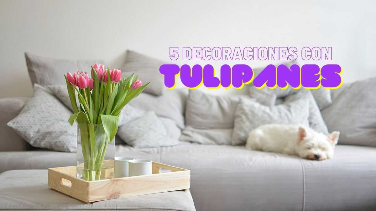 Salón decorado con un jarrón con tulipanes rosas en una bandeja.