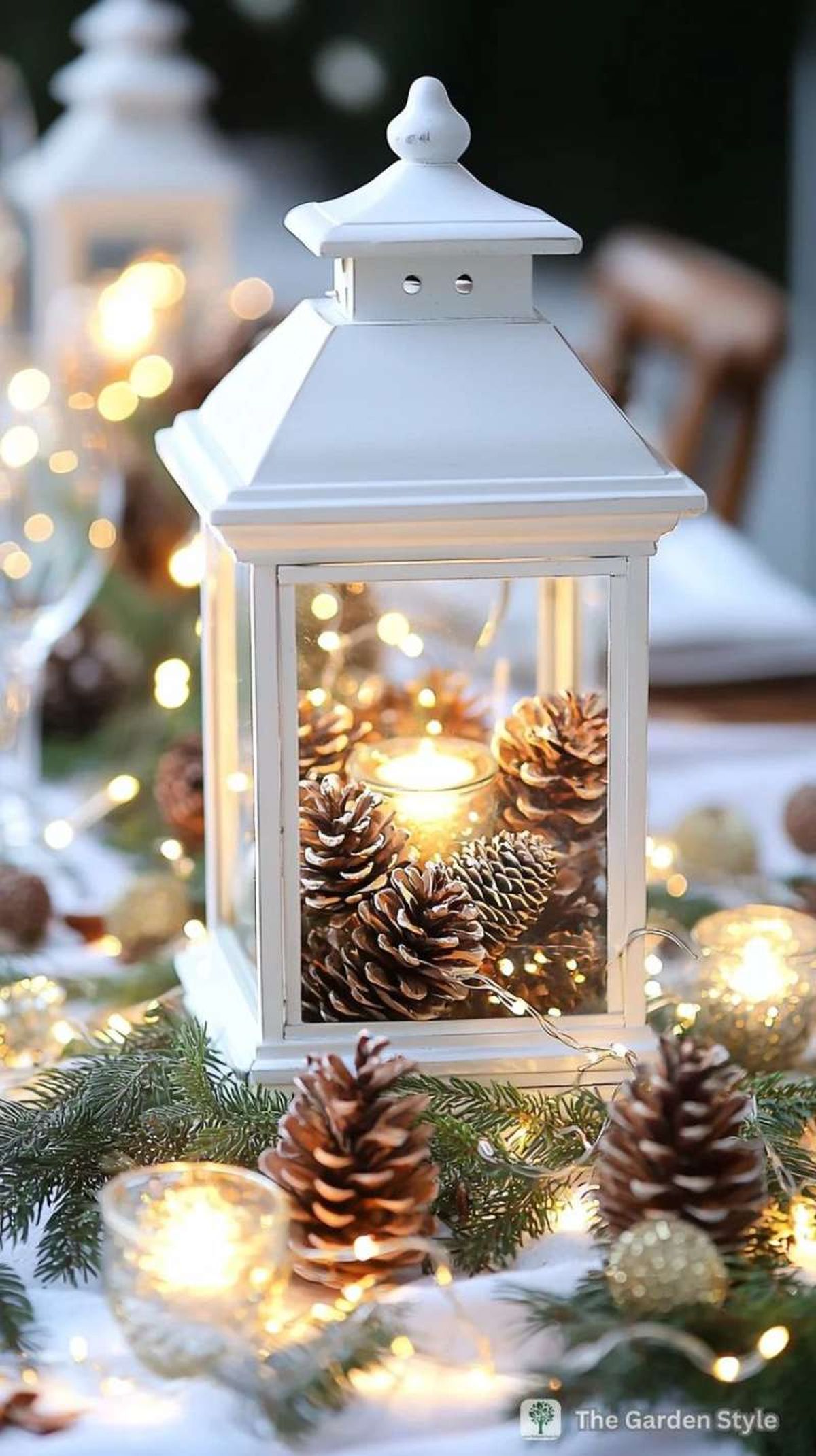 Farolillo navideño decorado con piñas.