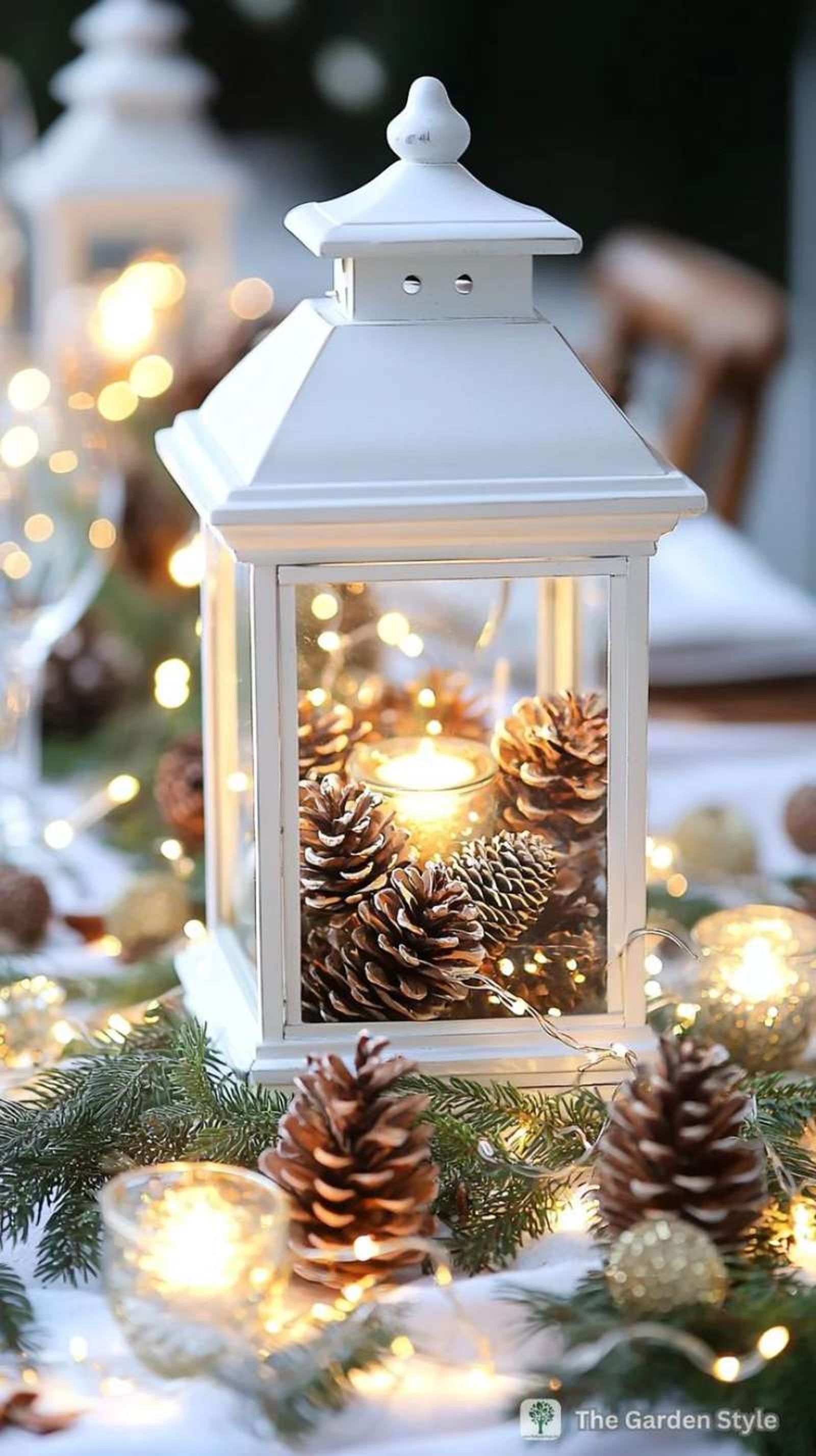 Farolillo navideño decorado con piñas.