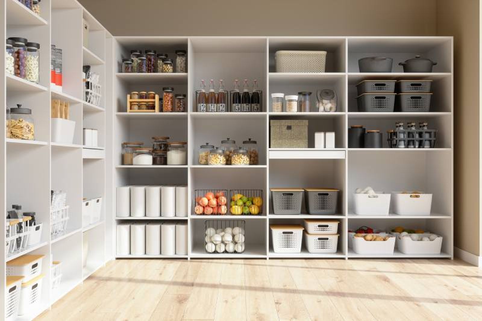 Despensa organizada con cajas y por categorías de alimentos
