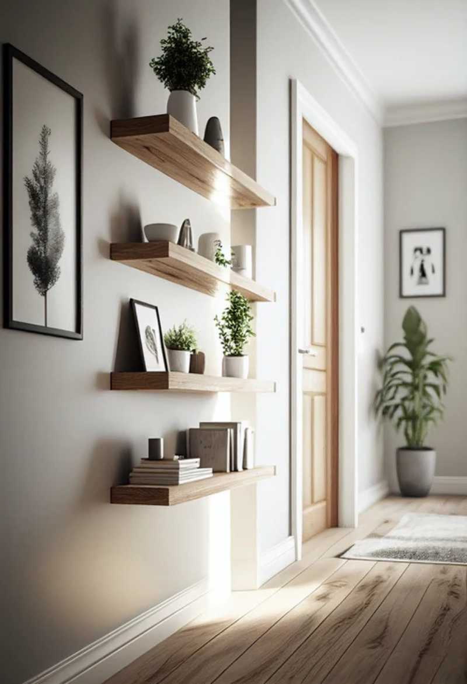 Recibidor minimalista con estantes decorativos.