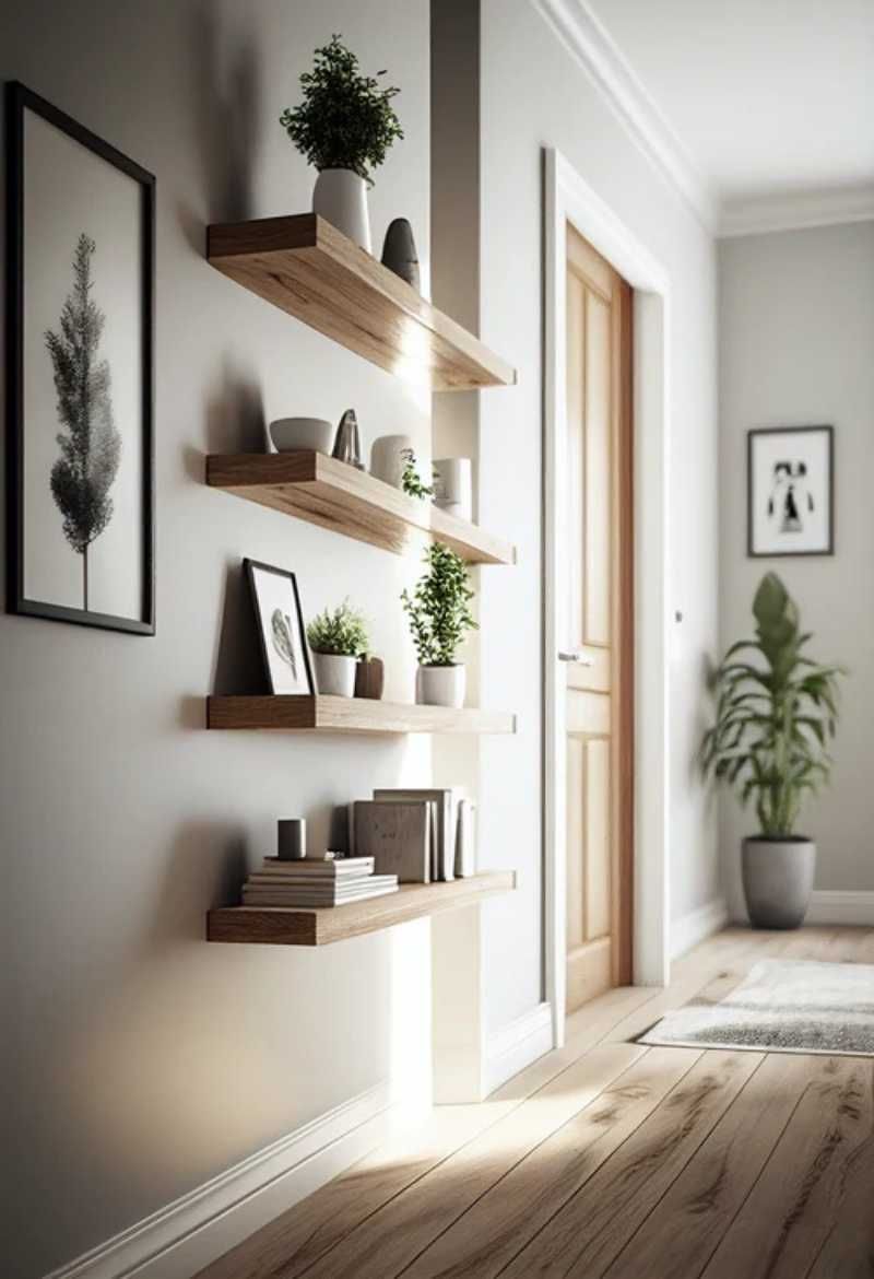 Recibidor minimalista con estantes decorativos.