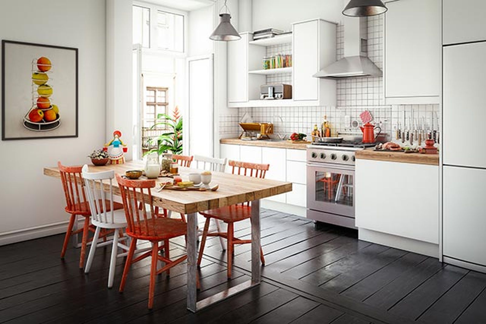 como decorar cocina blanca sillas de colores