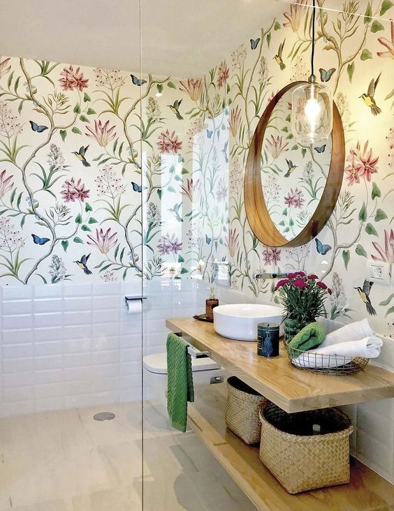 papel pintado bano flores 2