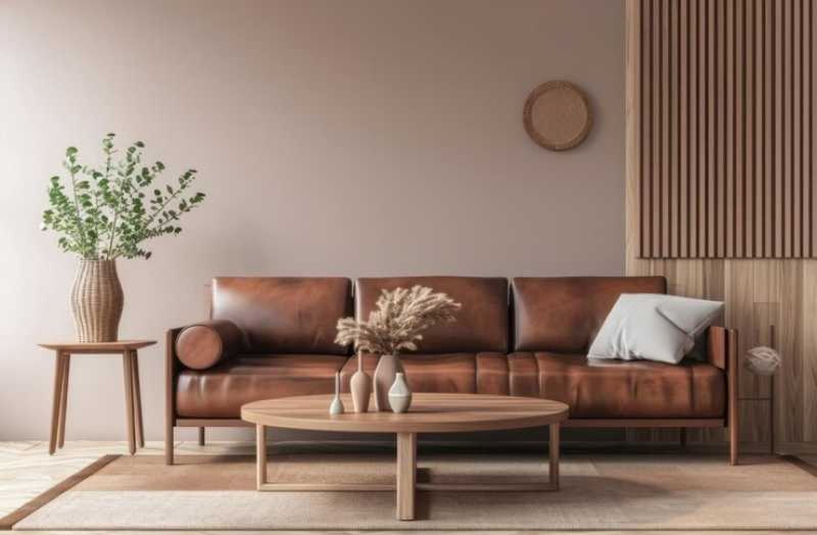 Salón con sofá de cuero decorado en Mocha Mousse.