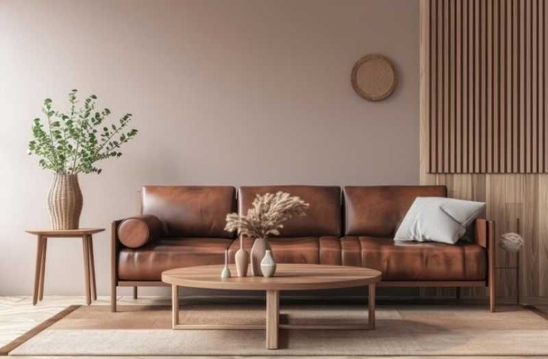 Salón con sofá de cuero decorado en Mocha Mousse.