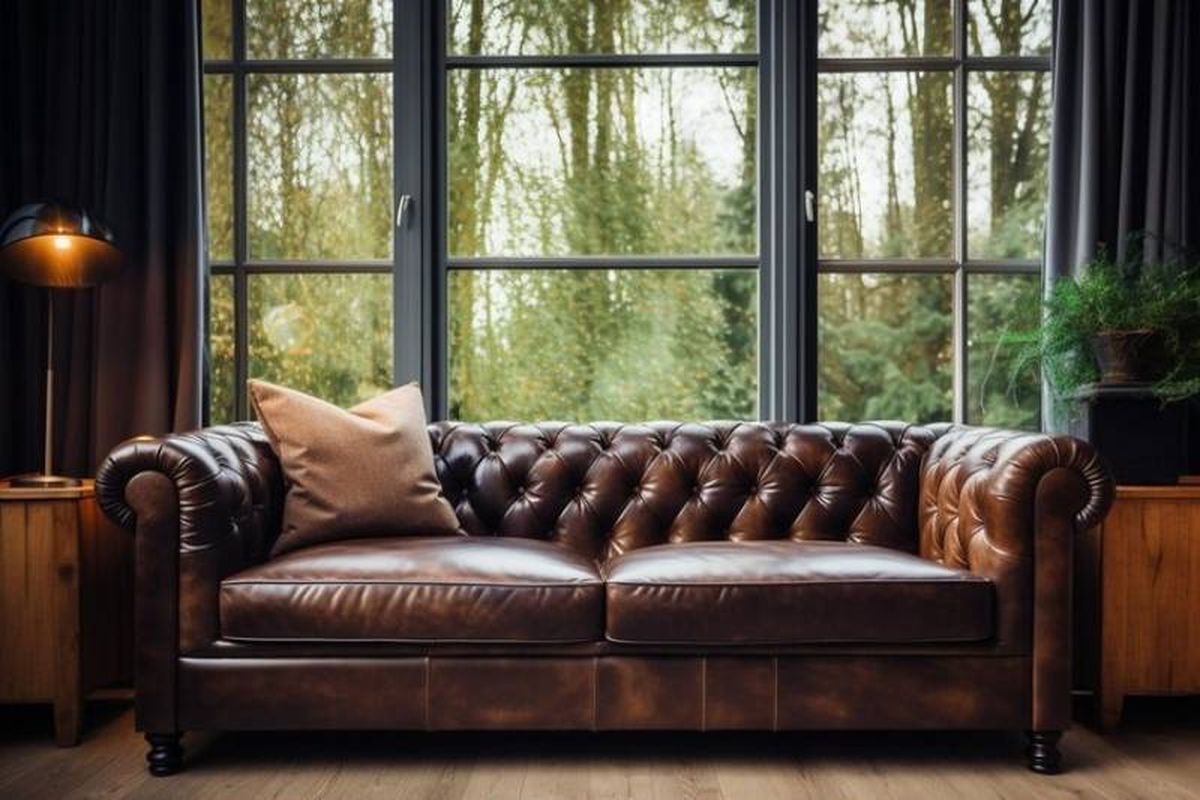 Sofá de cuero con capitoné de estilo industrial.