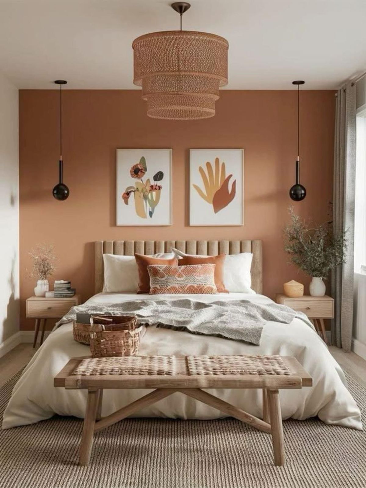 Dormitorio mocha mousse con lámpara de techo de fibras naturales.