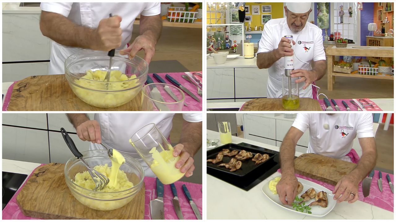 Preparamos el puré de patatas al alioli y servimos