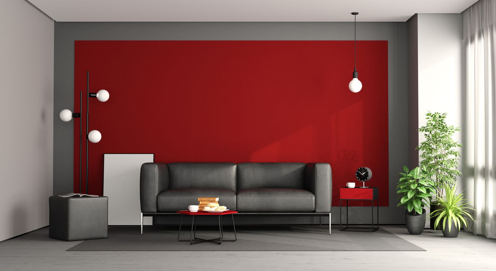 Decorar salón en rojo, negro y gris