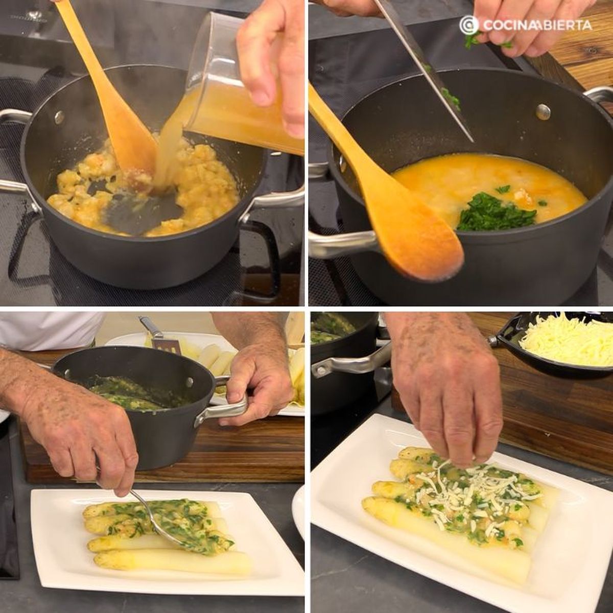 Cómo preparar espárragos frescos con langostinos y espinacas paso a paso