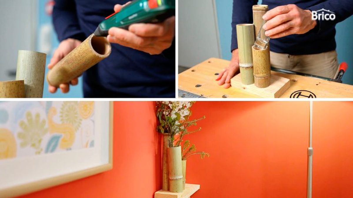 Pegar el bambú en la base y colocar flores