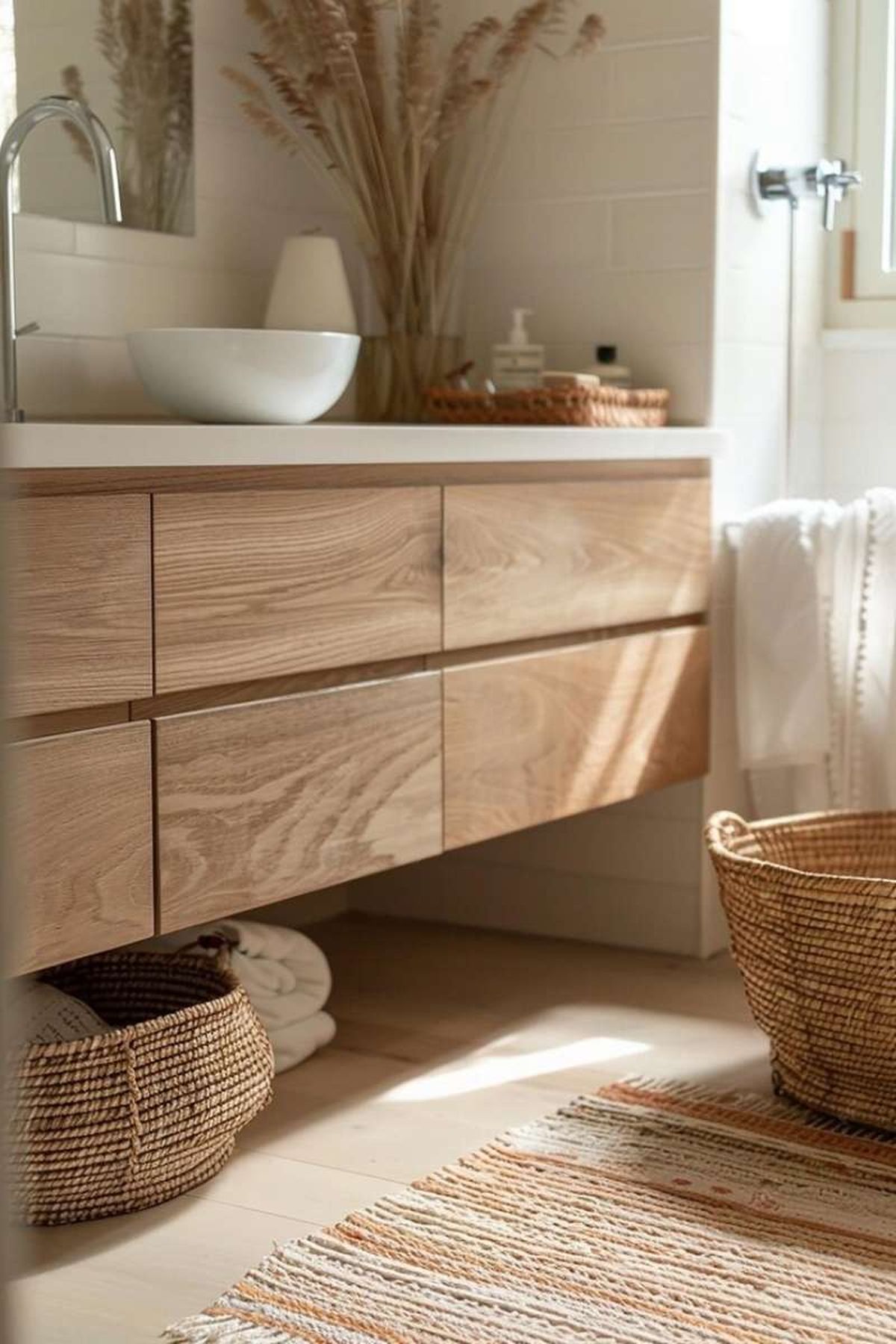 Baño de estilo nórdico decorado con madera y fibras naturales.