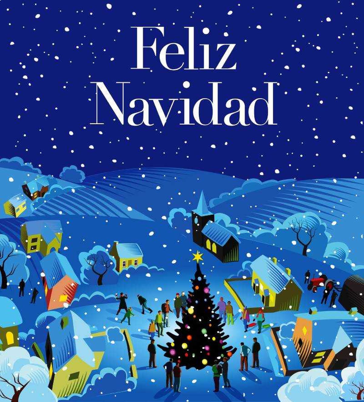 Felicitación con ilustración de pueblo de Navidad.