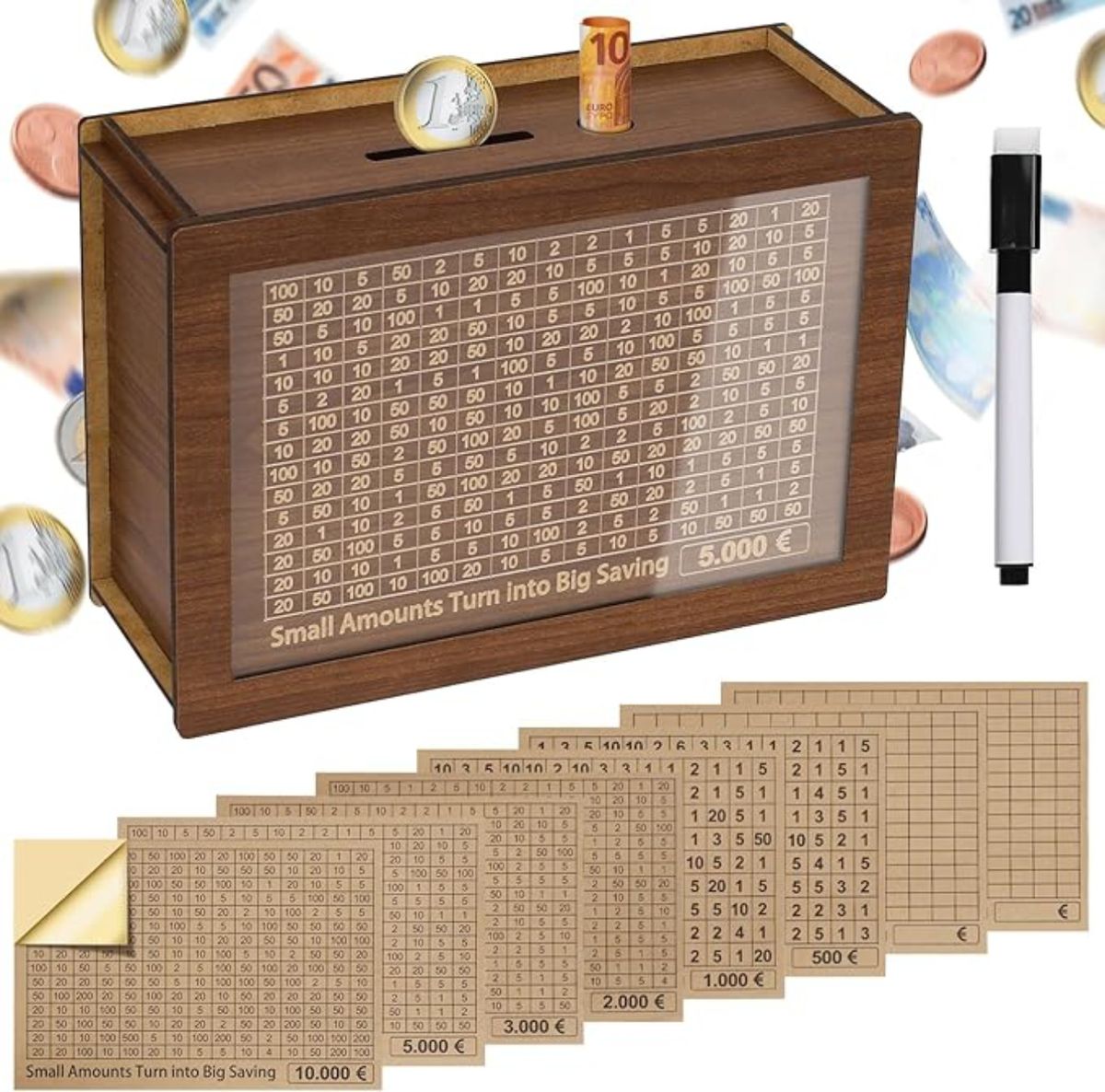 Con la caja de ahorro de madera tú eliges qué cantidad ahorrar cada día