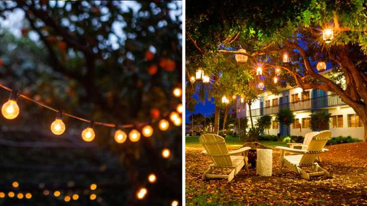 Farolillos y guirnaldas en el jardín