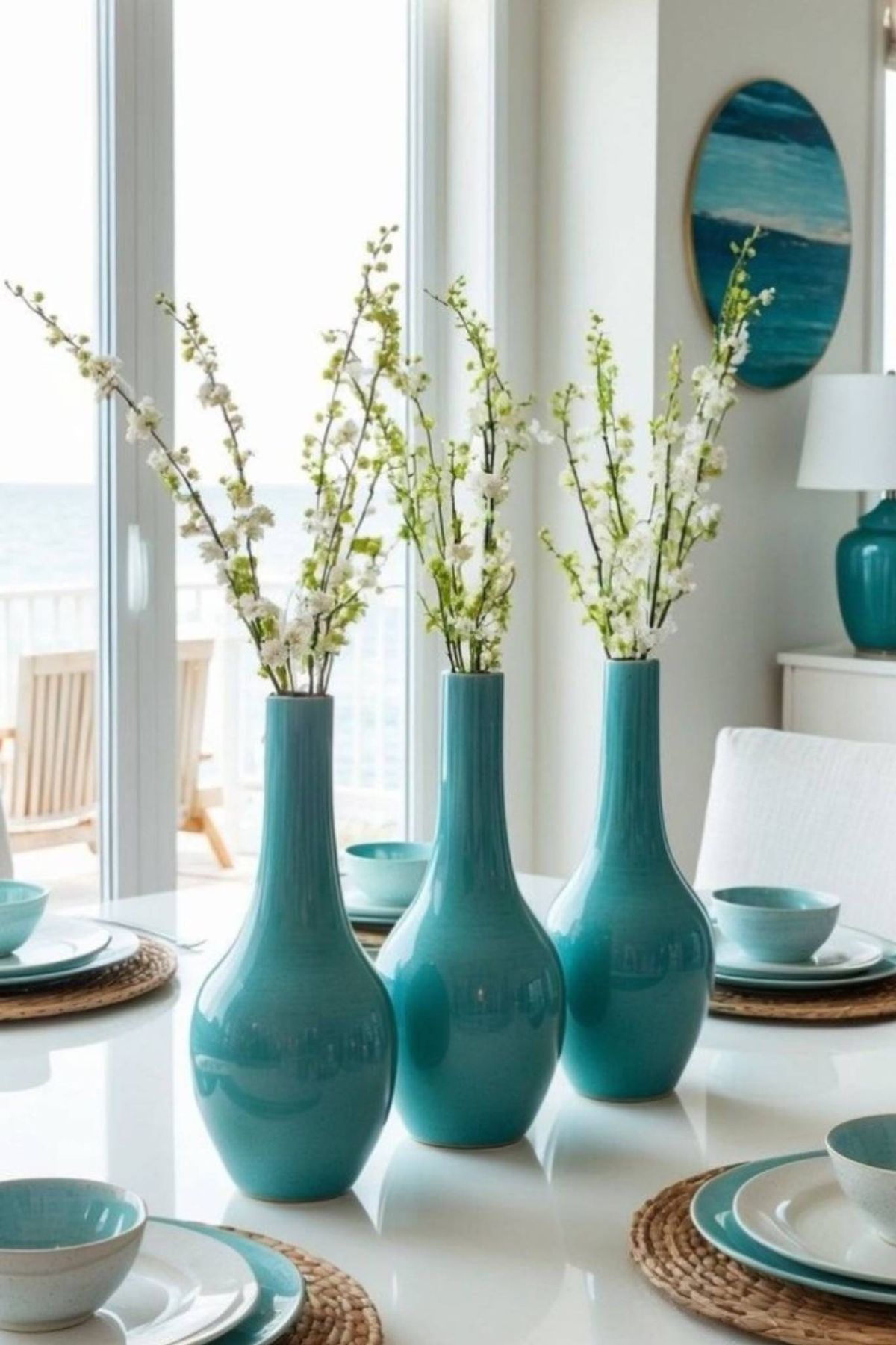 Jarrones decorativos de color turquesa.