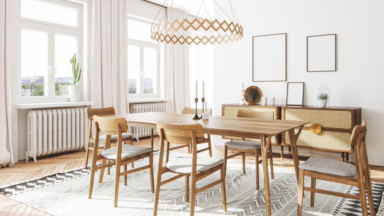 Comedor elegante y minimalista con mesa de madera rectangular.