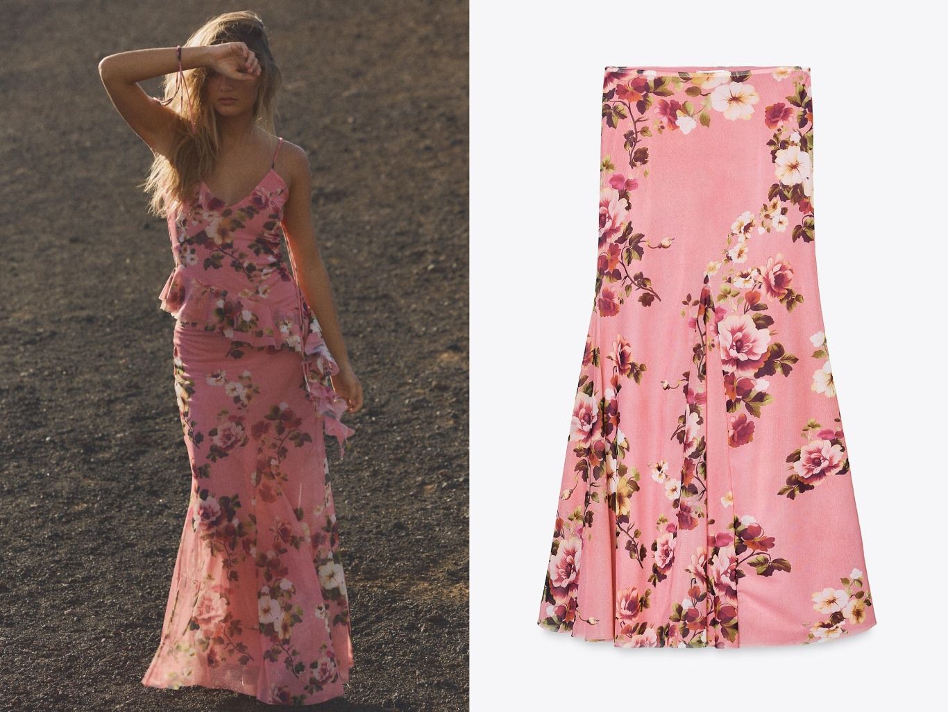 Falda midi de tul rosa con estampado de flores