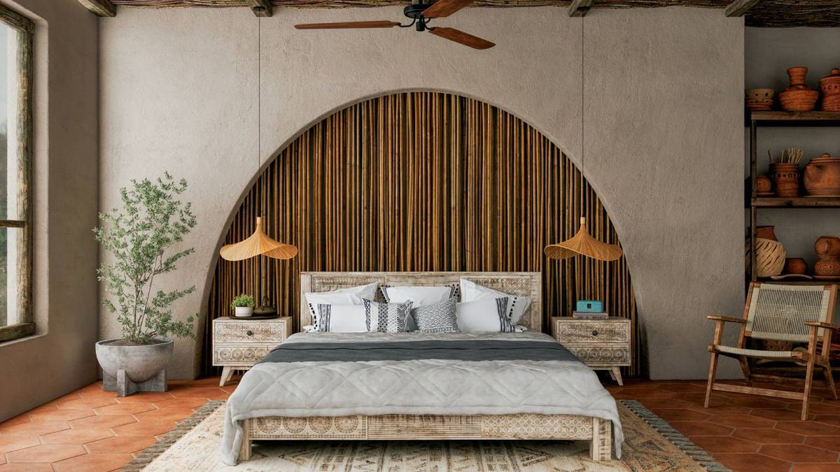 Dormitorio de estilo boho moderno con pared en arco.
