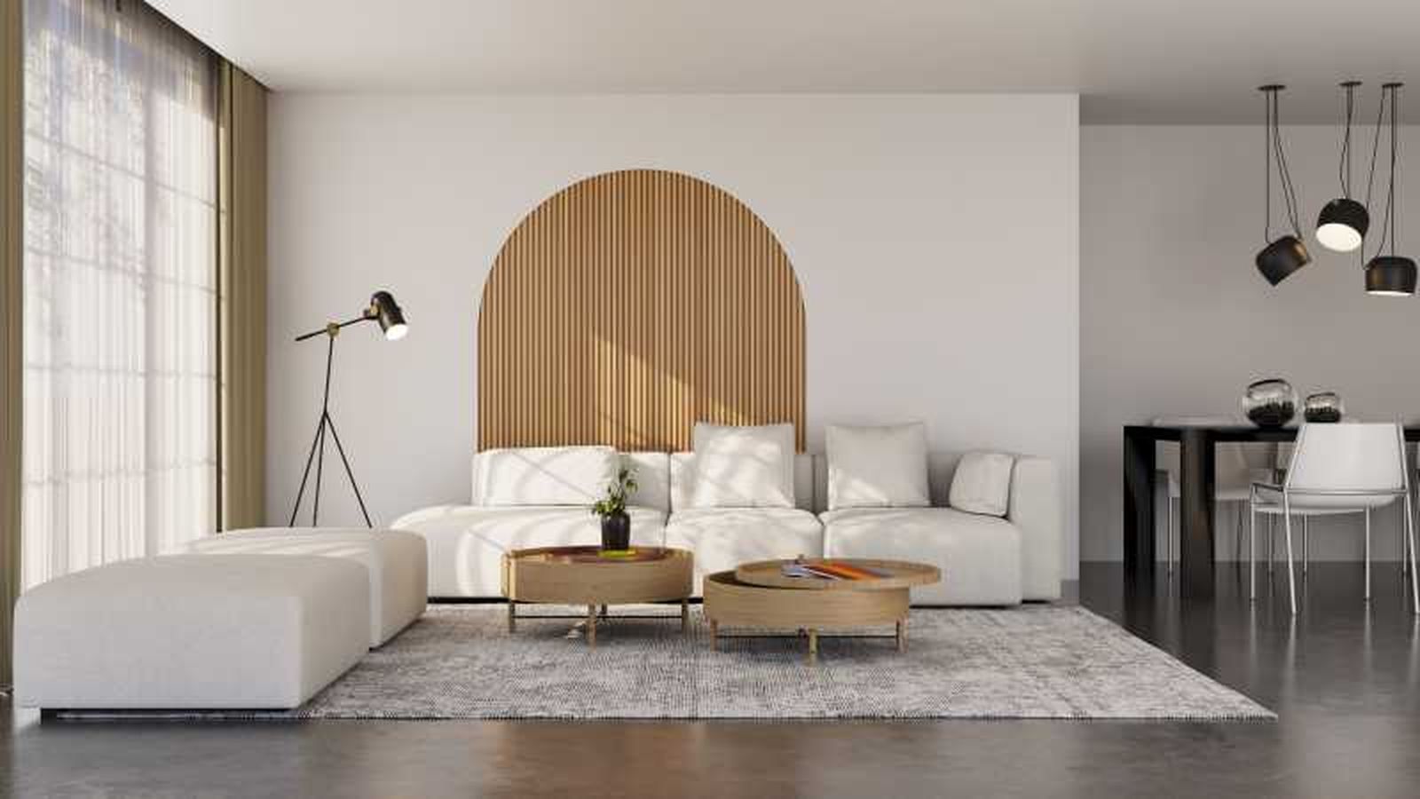 Salón moderno en blanco, pureza y simplicidad.