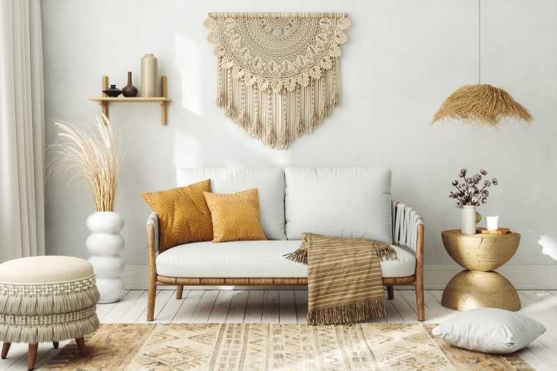 Salón con adorno vintage de macramé en la pared.