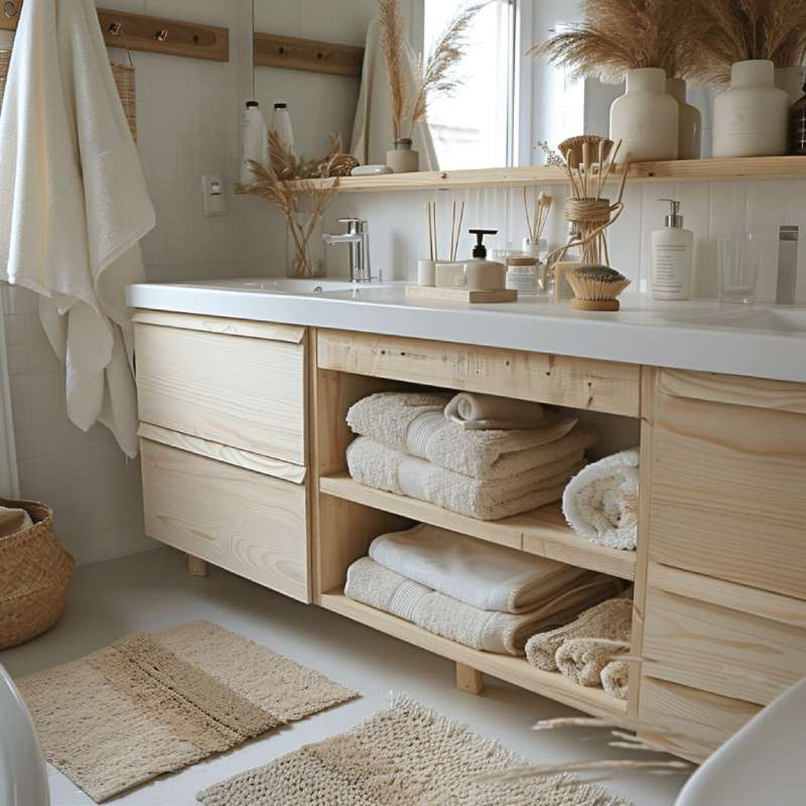 Baño de estilo nórdico con adornos de fibras naturales.