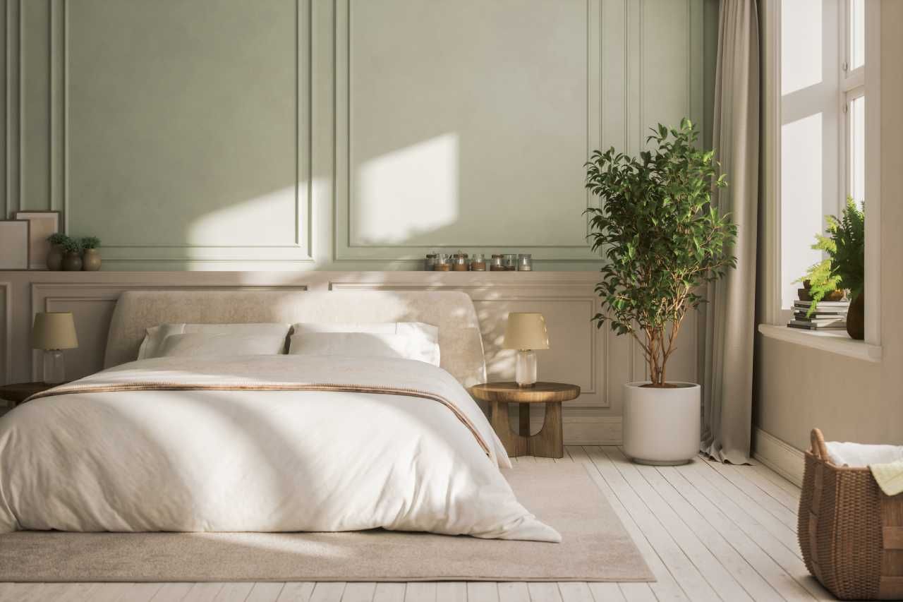 Dormitorio luminoso con luz natural.
