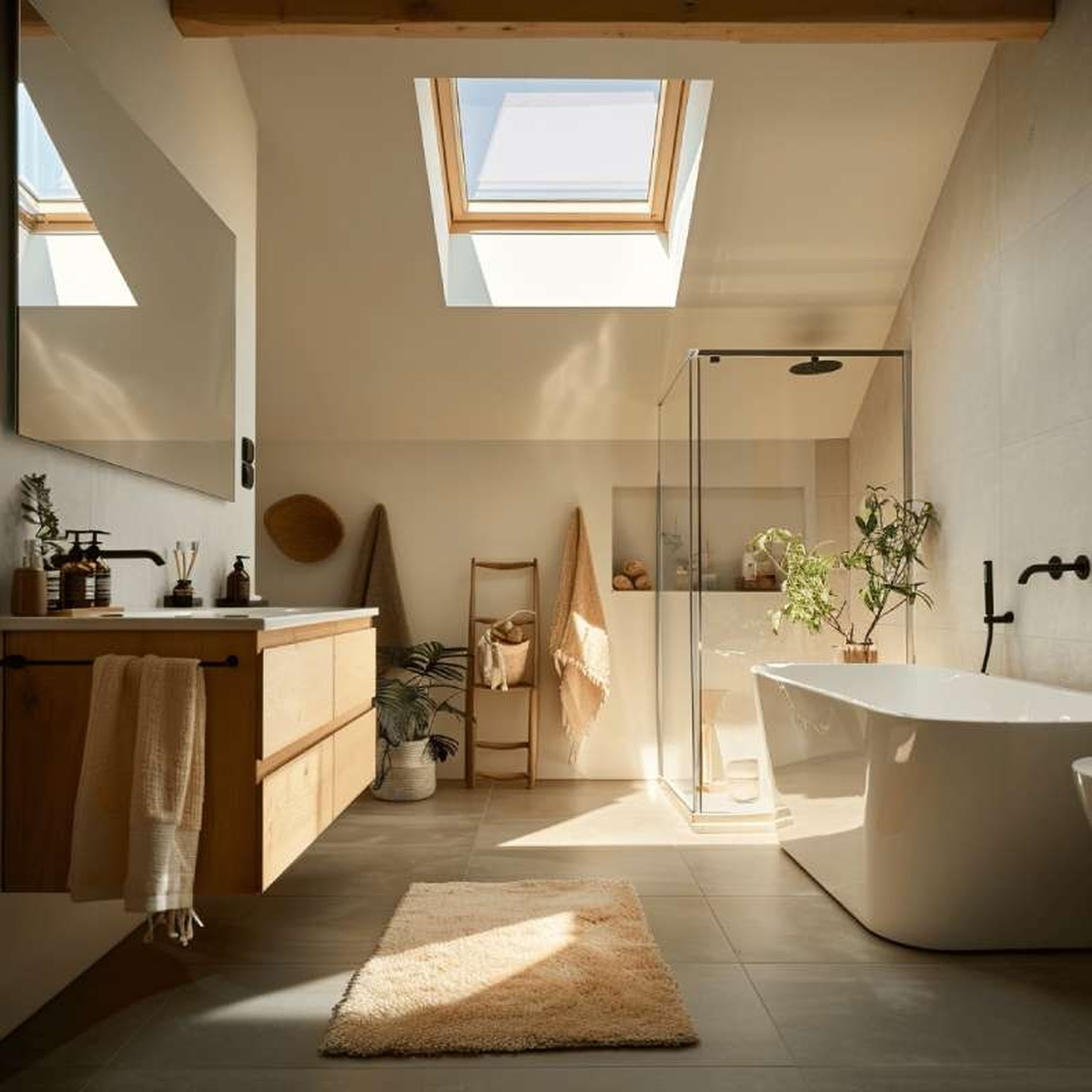 Baño de estilo nórdico decorado en beige.