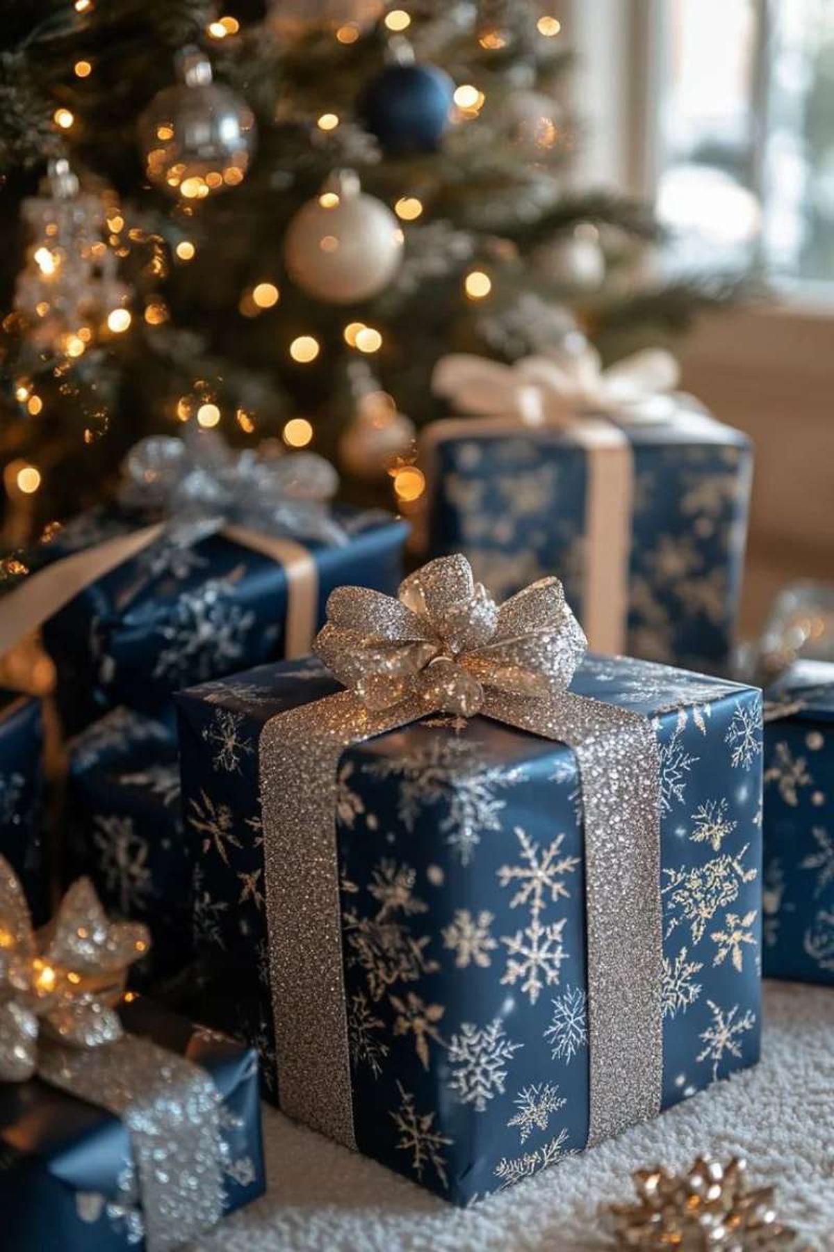 Regalos de Navidad envueltos en papel azul marino.