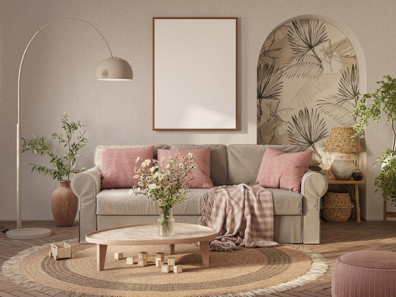 Salón romántico en beige y rosa.